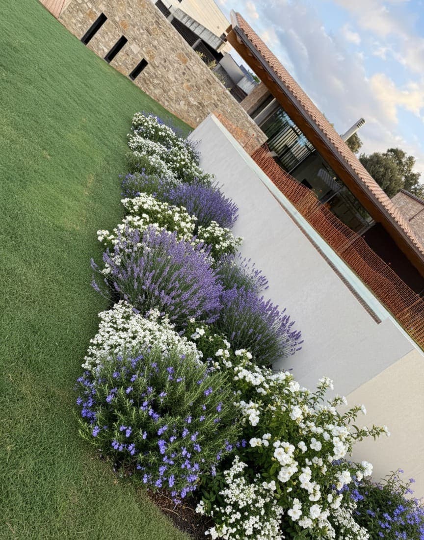 Borde floral con lavanda y flores blancas junto al césped